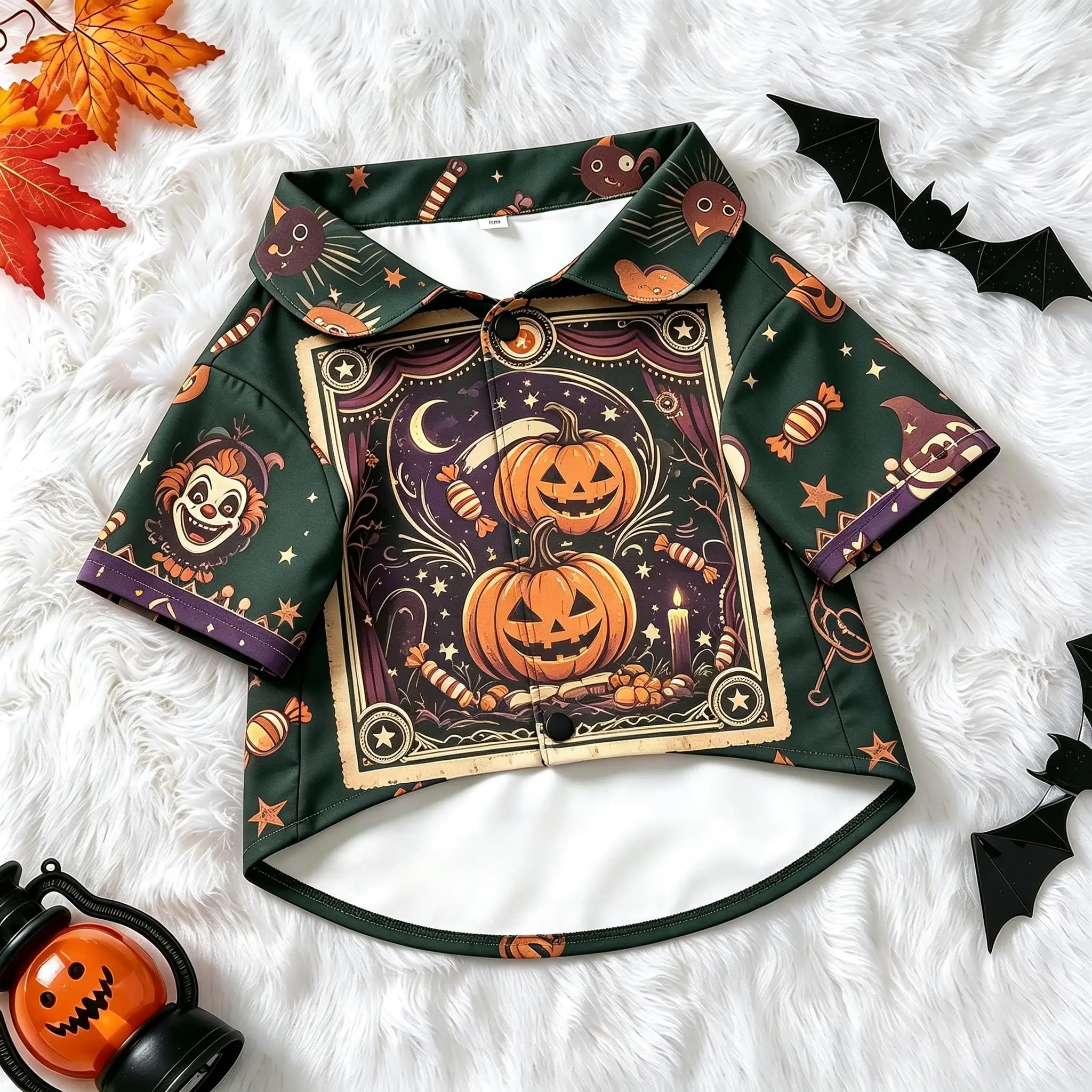 Pet Dog Shirt Green Stage Curtain Pumpkin Graphic Print Comfortable Button Up for Small Medium Dogs Halloween Theme Party Wear
