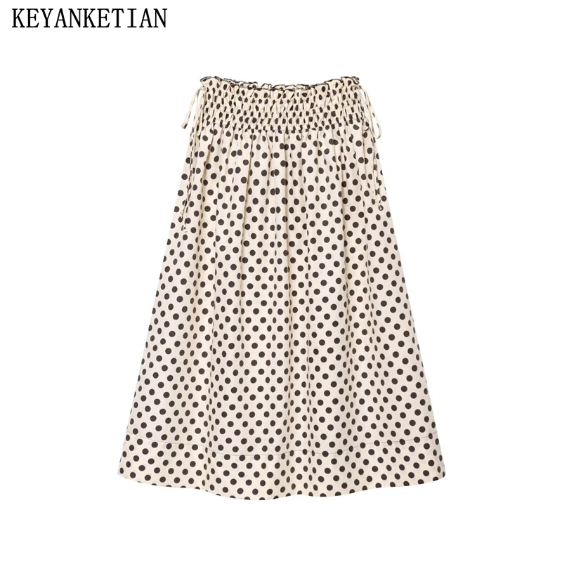 

KEYANKETIAN 2025 Autumn New French Style Drawstring Elastic Waist Polka Dots Print MIDI Skirt Women's Slim A Line Long Skirt