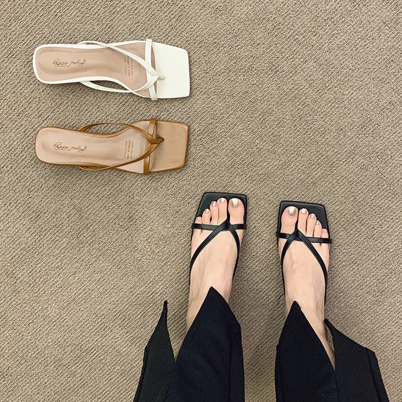 High Heels Comfortable New Summer Solid Leather Slippers Female Shoes Women Shoes Woman Fashion Cool Mules Slides Flip Flops image 2
