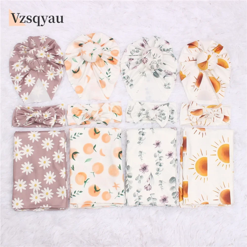 3pc/set Baby Swaddle Wrap New Born Receiving Blanket for Newborn Babies Accessories Soft Floral Headband Hat Bedding Baby Items