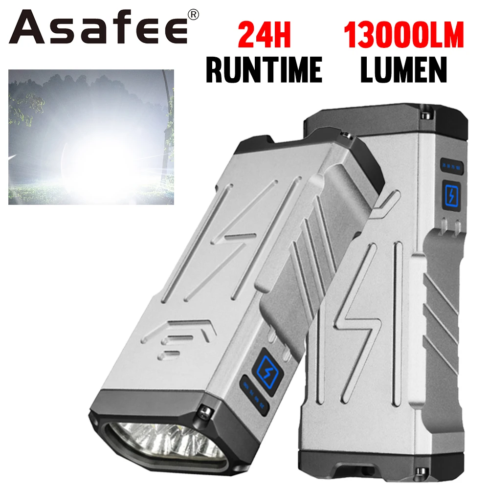 Asafee 13000LM LED Light EDC Flashlight 60W Power Burning Leaf Lamp Rechargeable Torch Waterproof Lantern 10000mAh Battery Work