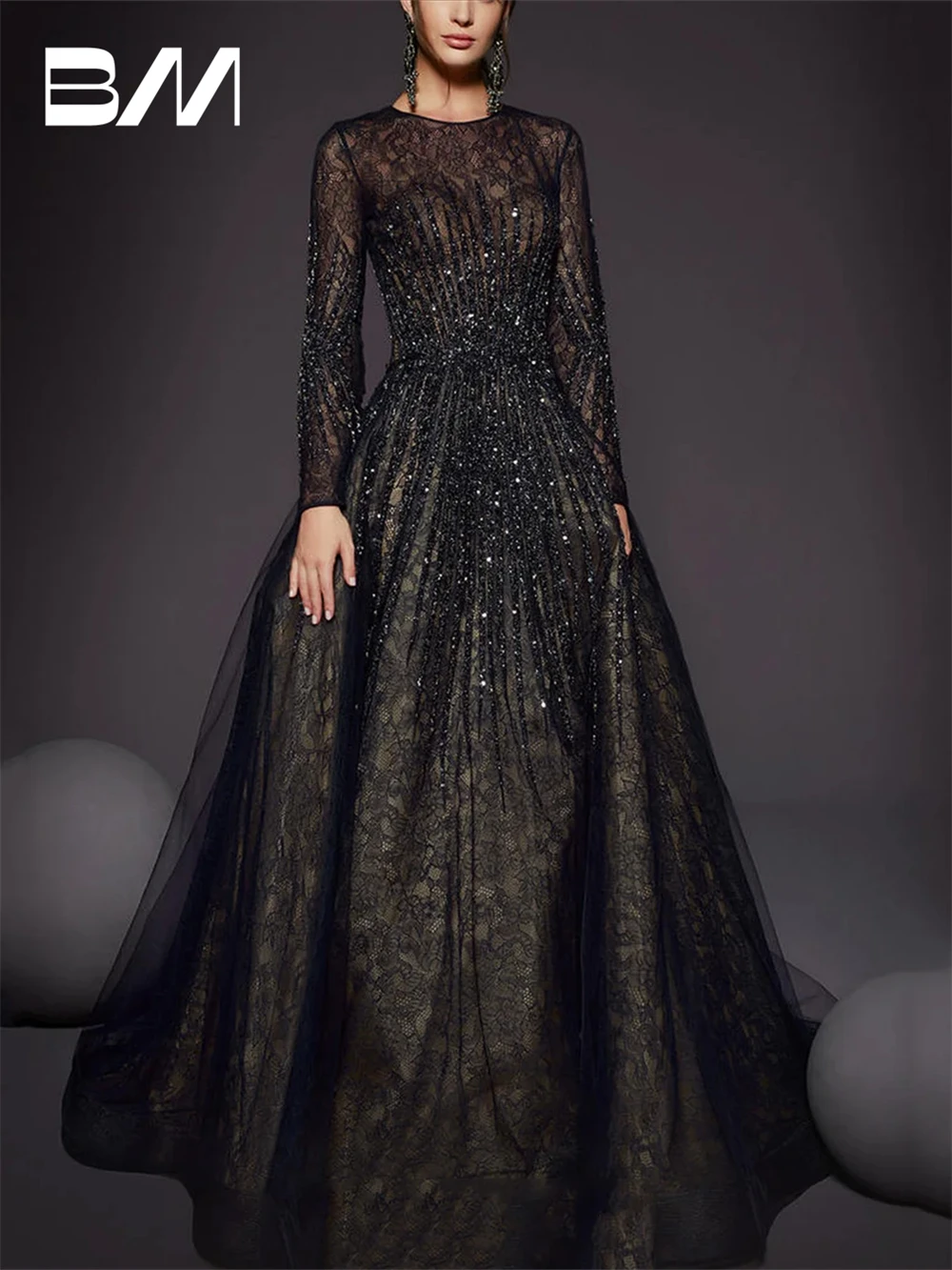 Elegant Full Sleeves Black Formal Dress Lace Beading A Line Women Long Evening Dresses O Neck Custom Make Party Gown