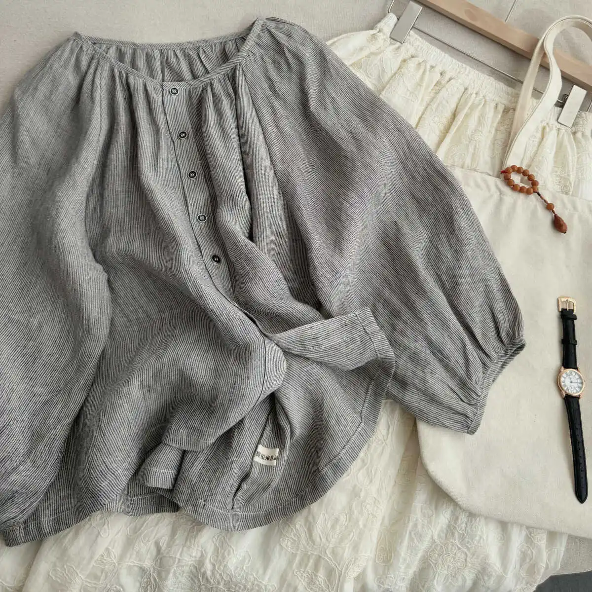 Japanese Lazy Artistic round Ne  Color Single Button Seven Sve Loose Slimming Small Stripe Linen irt Women