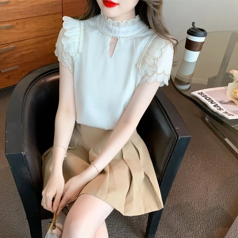 Beaded Short-sleeved Shirt for Women 2025 Summer New Style Bow Fashionable Chiffon Shirt