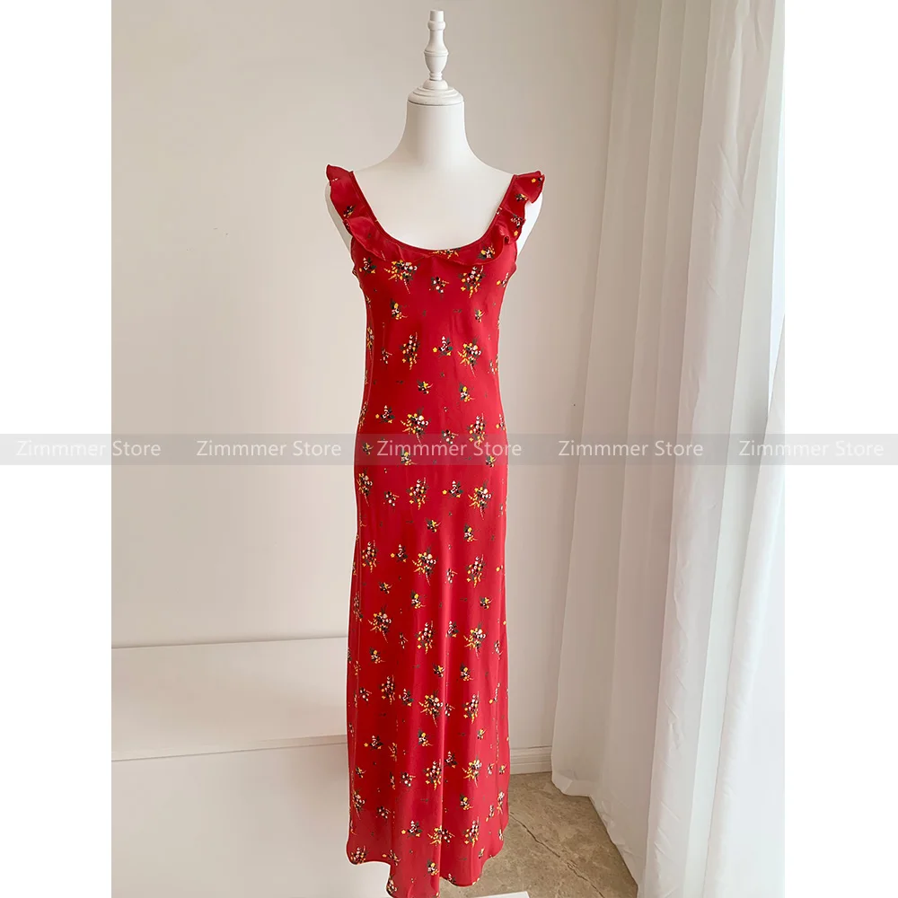 

Australian niche retro red silk print fungus lace collar oblique cut slim holiday beach maxi dress for women