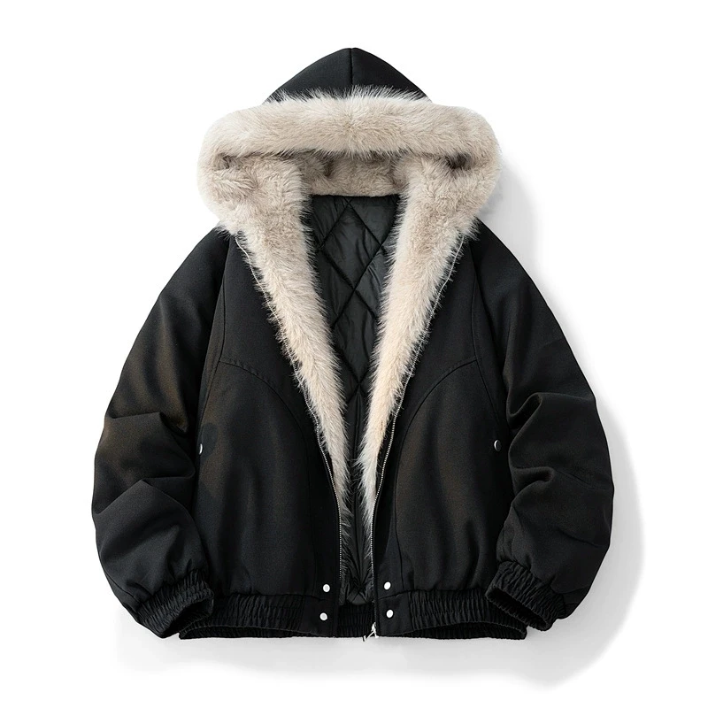 High Street Trendy Y2K Streetwear Parkas Punk Harajuku Retro Fur Collar Bomber Jacket Men Women Hip-hop Loose Casual Warm Coat