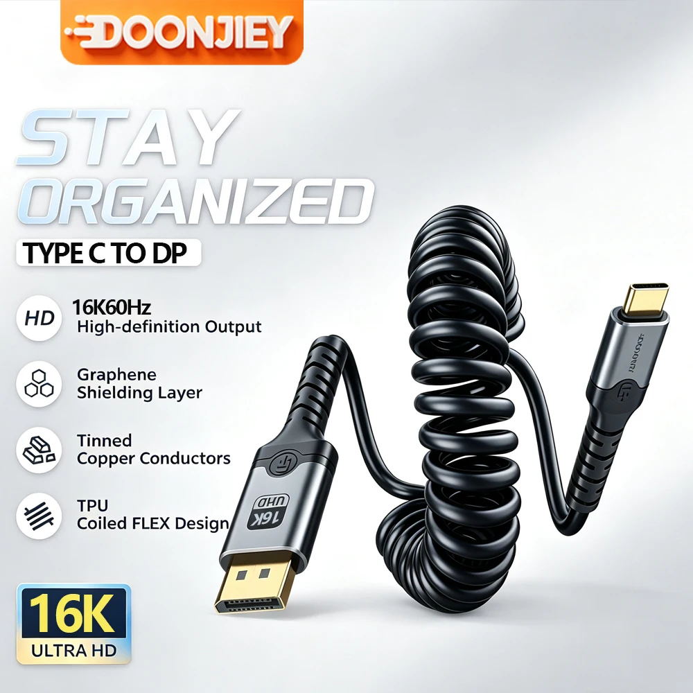 USB C to DP 2.1 Cable 16K@60Hz Compatible Thunderbolt 3/4 Type C to DisplayPort  Portable Spring Cord for MacBook Air