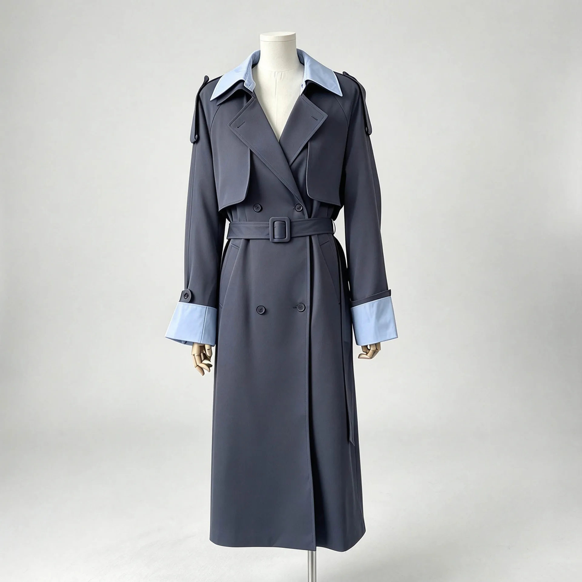 SuperAen Contrasting-color Turn-down Collar Long Coat for Women Double Buttons Waist Strap Fashion Elegant Coats