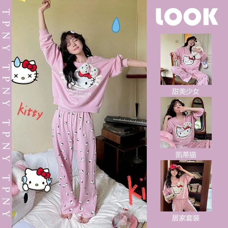 Sanrio cartoon Hello Kitty pajamas spring and autumn new lapel cardigan long-sleeved loungewear two-piece women\'s pajamas