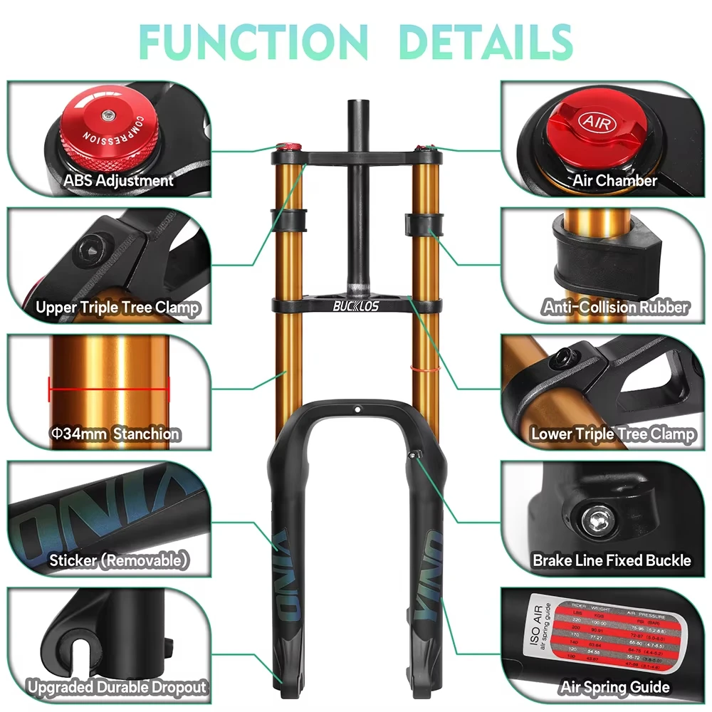20*4.0 Air Suspension Fork, 9*135mm QR, 140mm Travel for E-Bike Snow Beach BMX Fat Bike