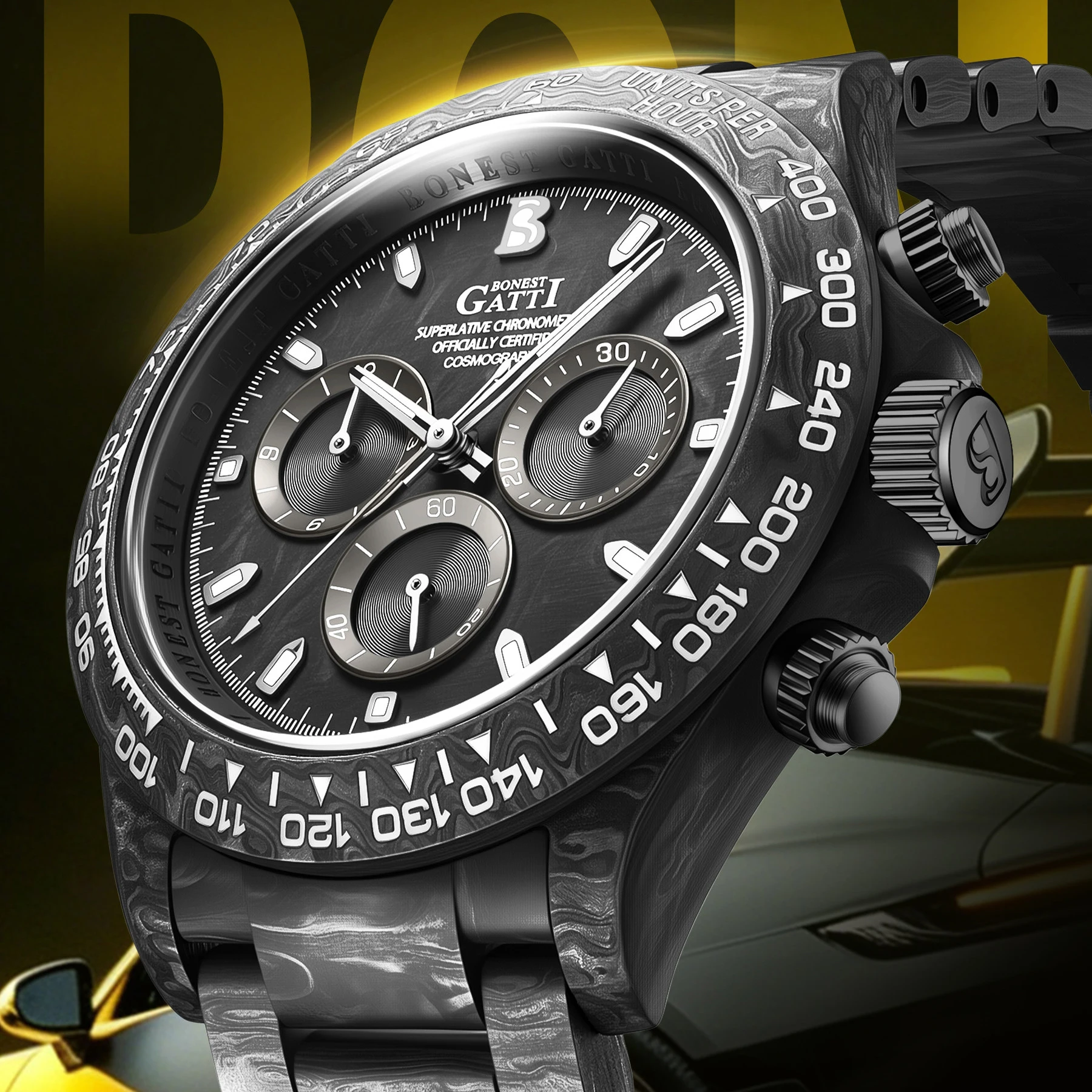 

BONEST GATTI Men Chronograph Watch 41mm Automatic Mechanical Wristwatch Carbon Fiber Case & Strap Luminou Sapphire Mirror Sport
