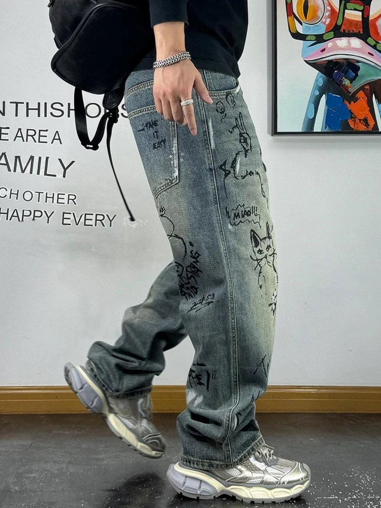 American Streetwear Distressed Creative Graffiti Print Baggy Jeans For Men Fashion Denim Straight Cargo Pants Harajuku Trousers