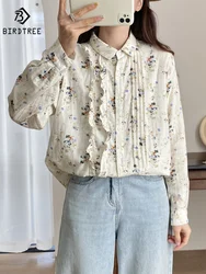 New Autumn Cotton Shirt Women Lapel Floral Print Folds Top Girl Long Sleeve Loose Sweet Casual Blouse Retro 2024 Spring T41815QM