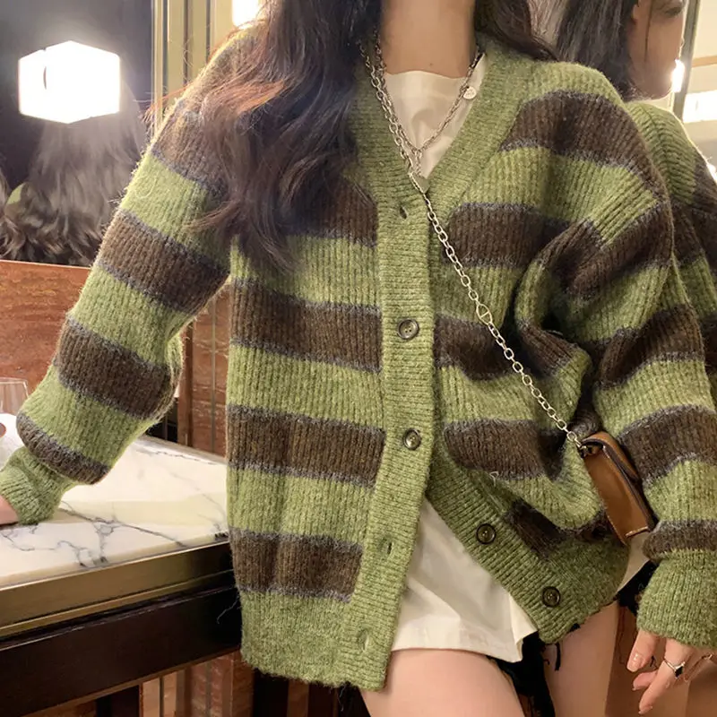 Women Clothing 2022 Autumn Winter Gentle Temperament Striped Knit Cardigan Loose V Neck Single Breasted Soft Sweater Women Coat