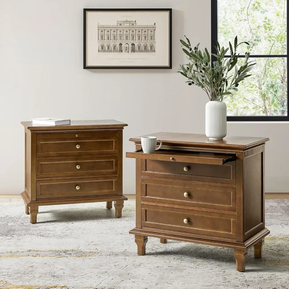 

Farmhouse 3 Drawer Nightstand with Tray, Drawer Organizer with Wood Legs, Nightstand with Charging Station