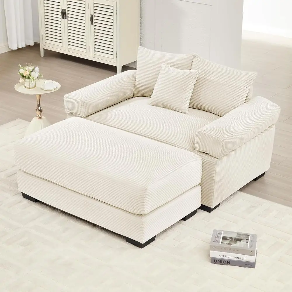 Large Plush Corduroy Accent Chair with Ottoman, Cloud-Soft Single Sofa, and Comfortable Indoor Chaise Lounge Chairs