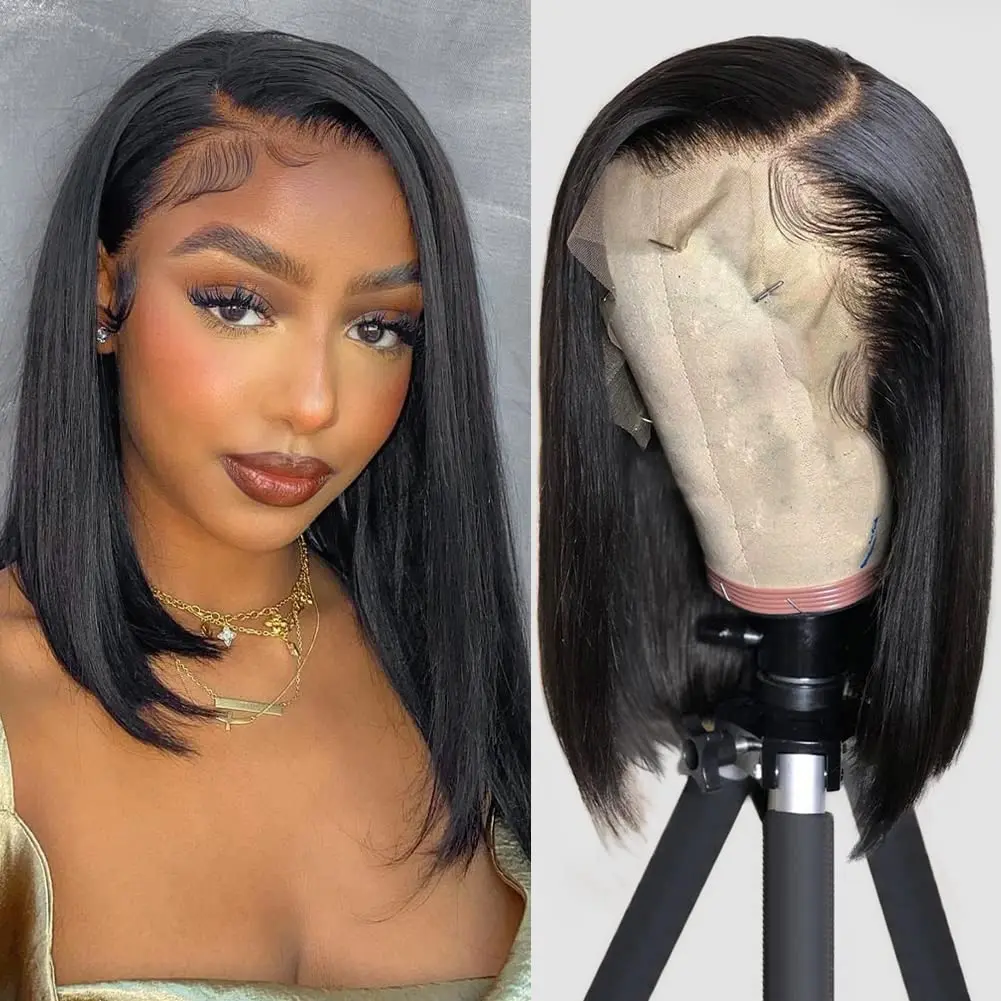 Wig Bob rambut manusia 13X4 renda depan 180% kepadatan pendek lurus Frontal Bob Wig transparan renda sebelum dipetik dengan rambut bayi