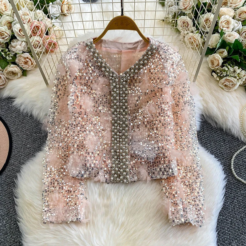 

Light luxury heavy industry diamond studded nail bead V-neck coat women's fairy style mesh age reducing slimming sequin jacket