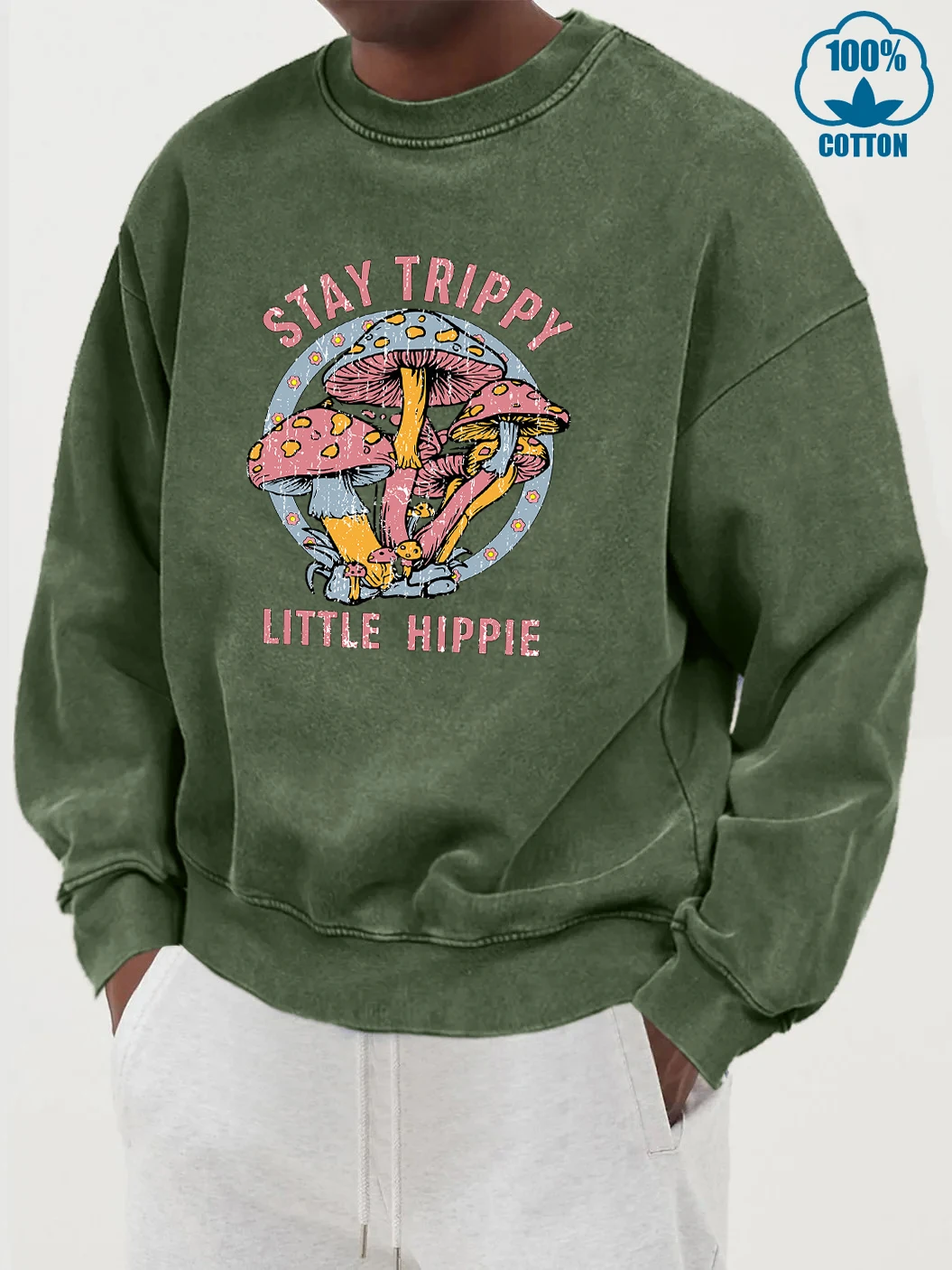 Stay Trippy Little Hippie Print Men Washed Cotton Clothes Fashion Comfortable Sweatshirt Casual Street Hoody Loose Sport Top