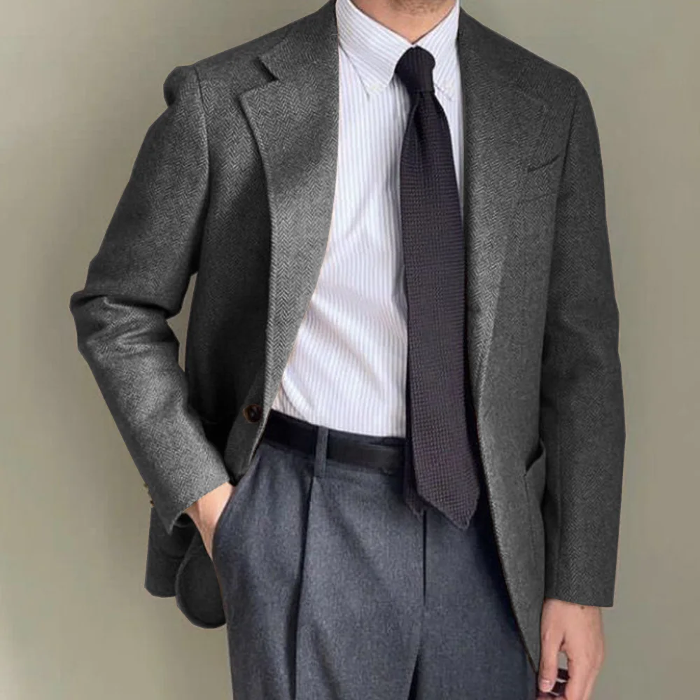 Mens Suit Jacket Wool Blend Single Breasted Business Blazer Casual Fashion Jacket Slim Fit Comfortable Herringbone Elegant Mens