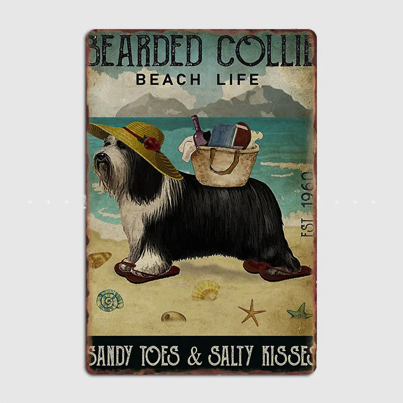 Cartel de placa de Metal de perro barbudo Collie, decoración del hogar, cueva, placas clásicas, cartel de estaño, decoración de pared de habitación