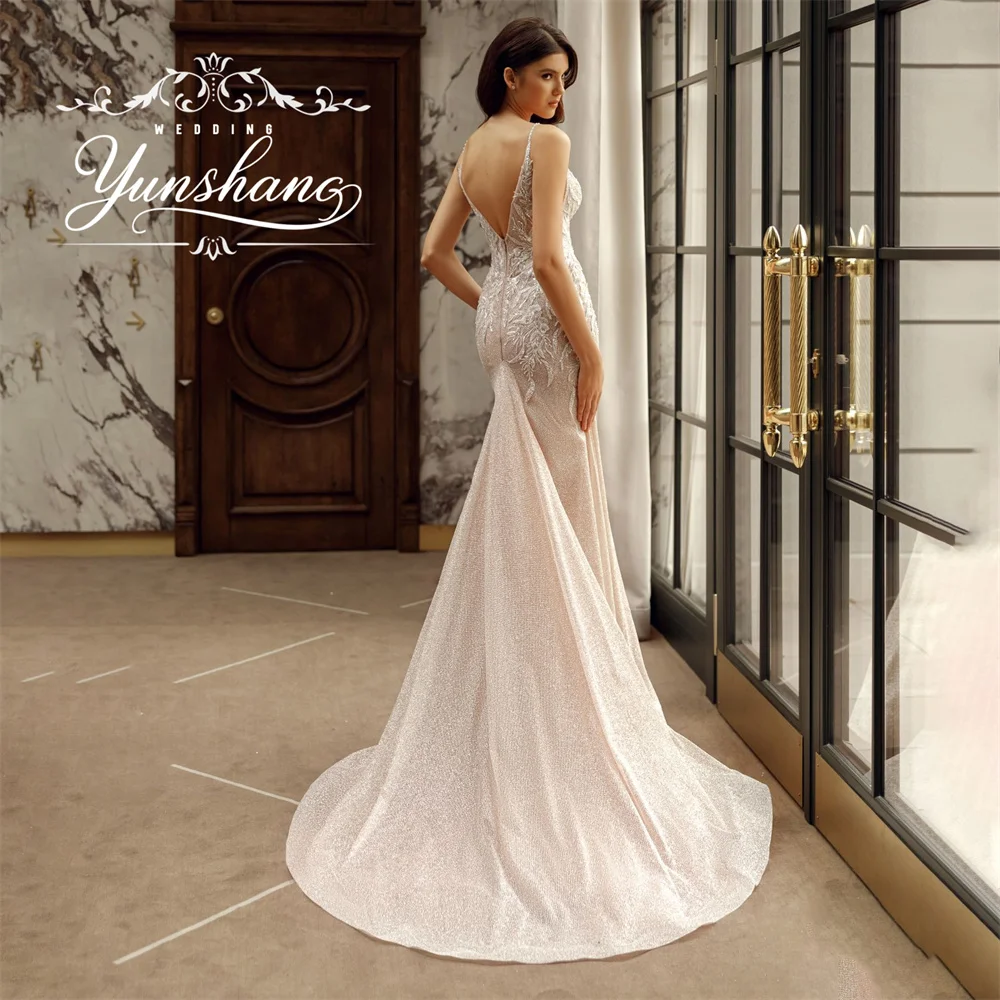 Yunshang personalizado sparking sereia vestido de casamento com decote em v sem mangas sem costas apliques trem varredura bordado lantejoulas mais novo
