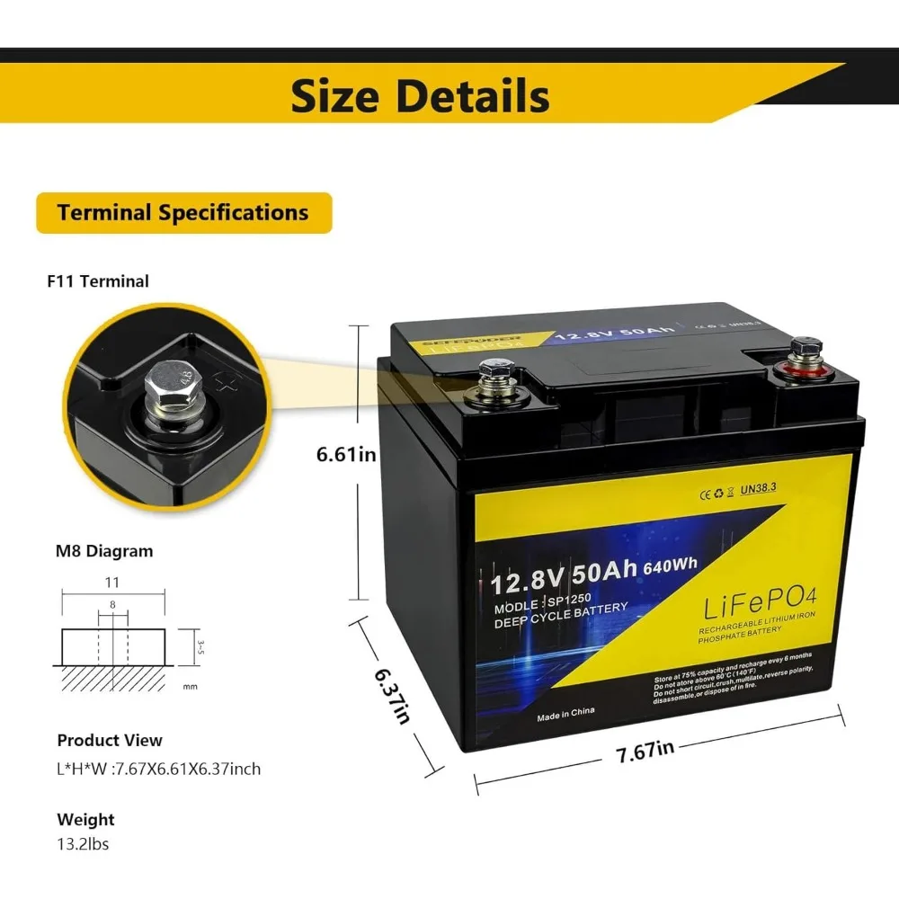 12V 50Ah LiFePO4 Lithium Battery, 4000+ Deep Cycle Lithium Iron Phosphate Rechargeable Battery for Solar, RV, Marine