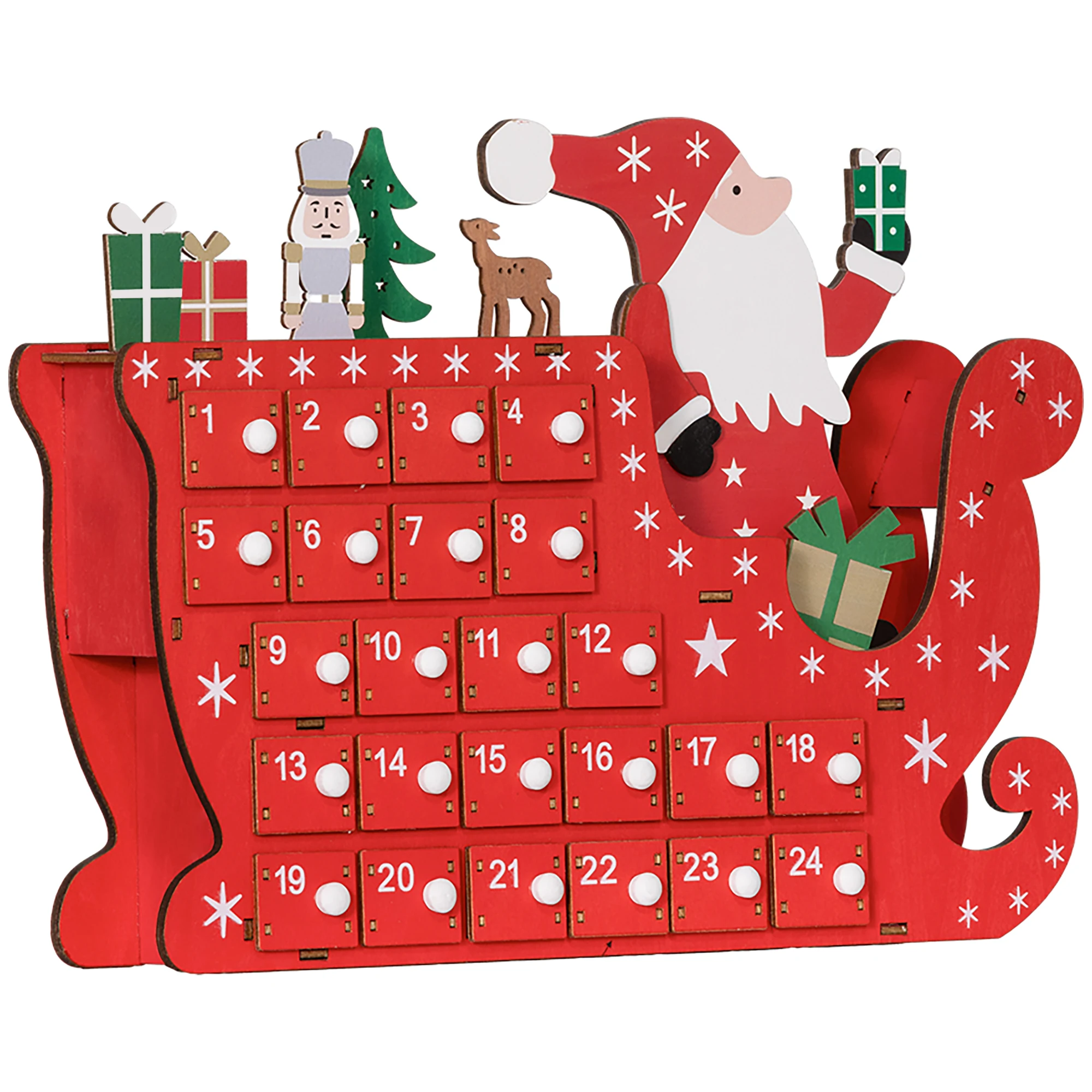 HOMCOM kalender in de vorm van een drankfles, kalender van de Avent om te vullen met 24 laden, herbruikbare kerstdecoratie in de vorm van een kerstman en slee, cadeau voor kinderen en volwassenen,
