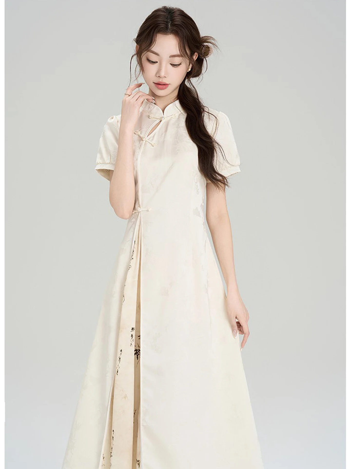 

Elegant New Chinese Style Qipao Dress with Button Collar Slimming Long Skirt Short Sleeve High Waist A-Line Silhouette