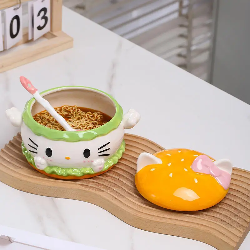 Керамическая чашка с рисунком «Hello Kitty's», миска для супа, красивая, большая вместимость, бытовая, есть ложка, модный милый праздничный подарок