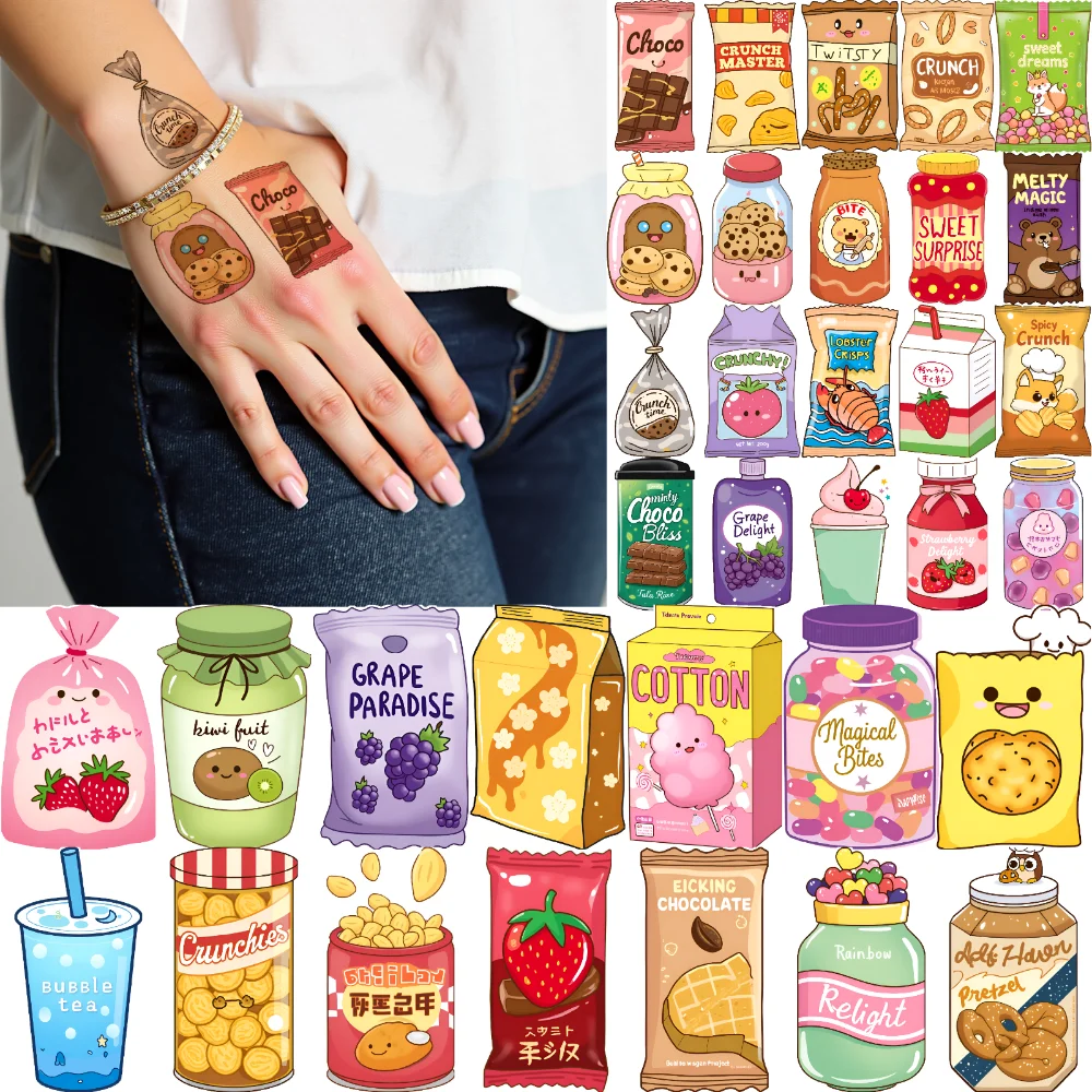 

63pcs Temporary Tattoo Drink Stickers Cartoon Decorative Stickers Cute Food Stickers For Shoulders Children Men