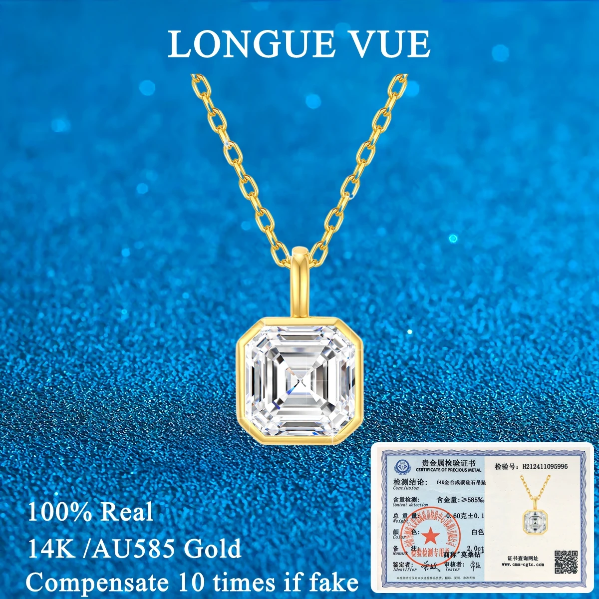 

Original 14K Gold 2CT Asscher Cut Moissanite Pendant Necklace For Women Solitaire Drop Necklaces Bridal Jewelry Wedding Choker