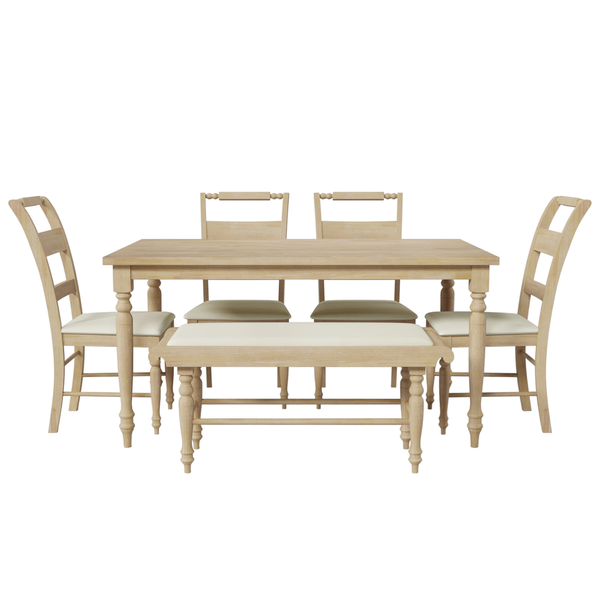 

TOPMAX 6-peice Dining Set with Turned Legs, Kitchen Table Set with Upholstered Dining Chairs and Bench,Retro Style, Natural