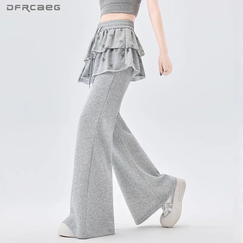 American Retro Sporty Style Faux Two-Piece Casual Sweatpants For Women Spring Summer Ruffled Slightly Flared Pants With Star
