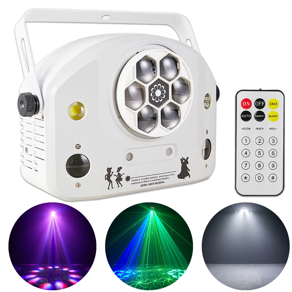 NEW Wireless Remote Dj Lights 6 Bee Eye Led Laser Pattern Strobe 4IN1 Light Fog Machine Stage Lighting Wedding Night KTV Club