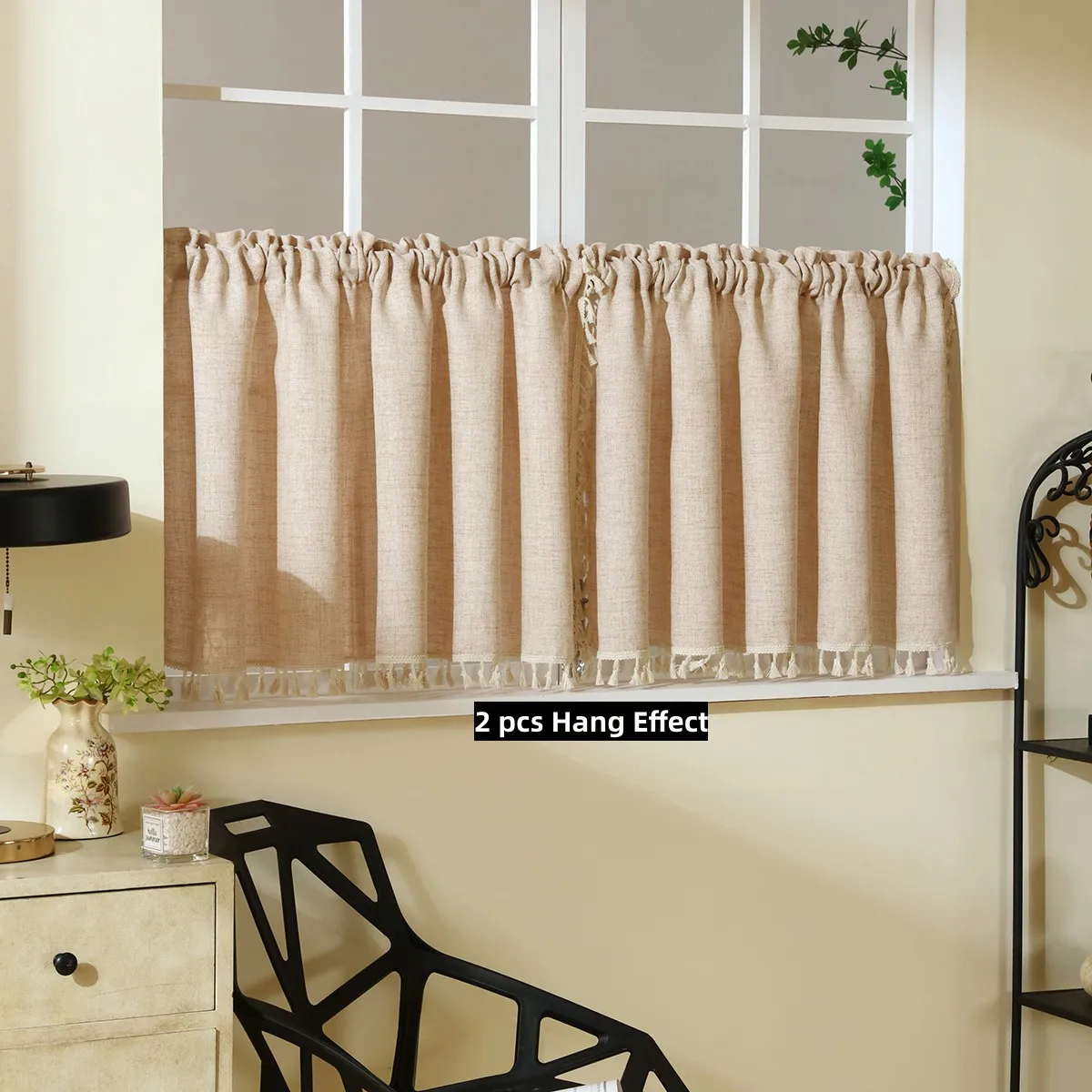 1pc Japanese Boho Style Short Curtain,Rod Pocket ,Polyester Fabric Window Semi Curtain with Tassel,for Window, Door, Cabinet