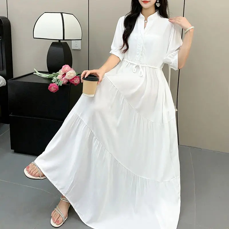 Purple Cotton Silk Dress Loose Cover the Belly Slim and Long Big Display Solid Color Tie Waist Cinching Temperament Long Skirt