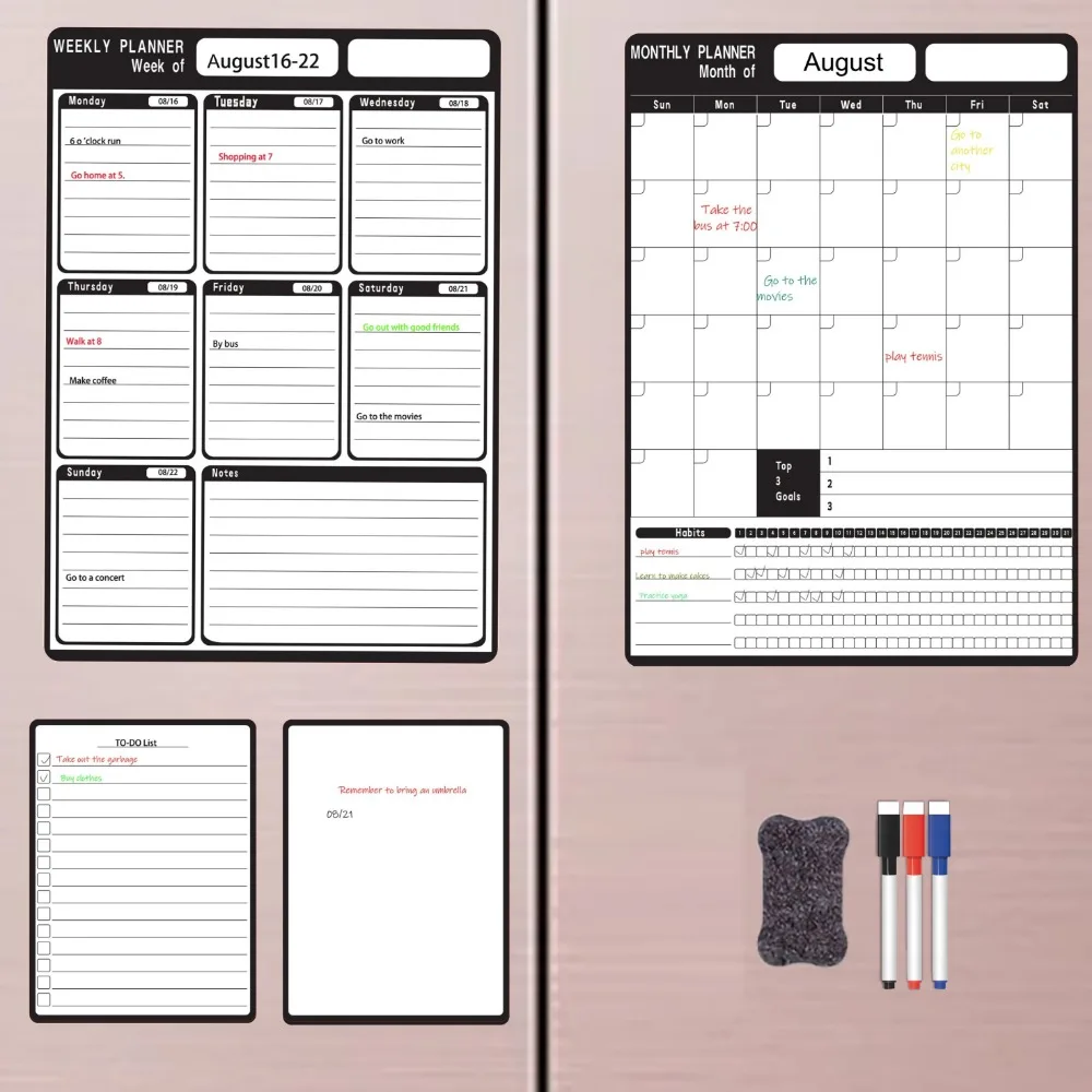 4-Piece Magnetic Refrigerator Calendar Whiteboard Set with 3 Markers, 1 Eraser and 1 Box