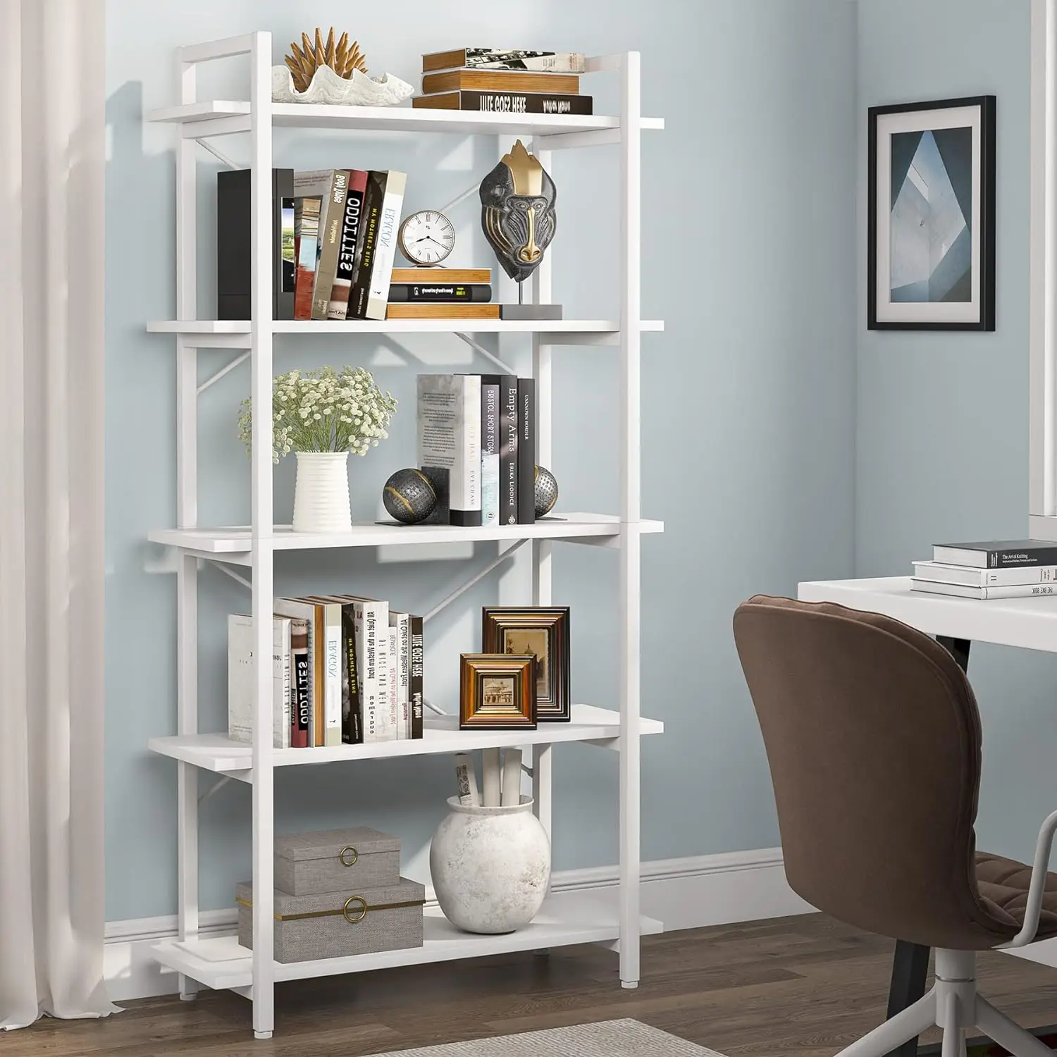 5 Tier White Bookshelf, Modern Etagere Bookcase with Metal Frame, Tall Book Shelf Unit for Living Room, Study, Home Office