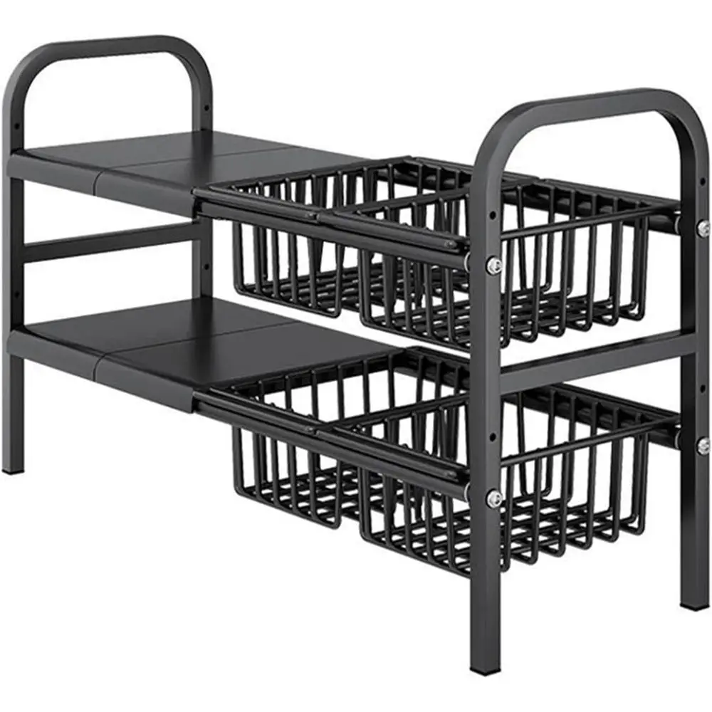 

2 Tier Stretchable Cabinet Shelf Organizer with 4 Removable Panels and 4 Under Shelf Baskets for Under Bathroom Storage, Kitchen