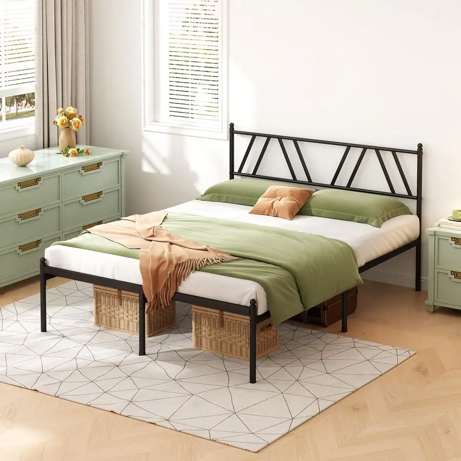 

Металлическая кровать-платформа с изголовьем, 14 дюймов, размер King, не требует пружинного блока, стальная решетка, черная, простая сборка