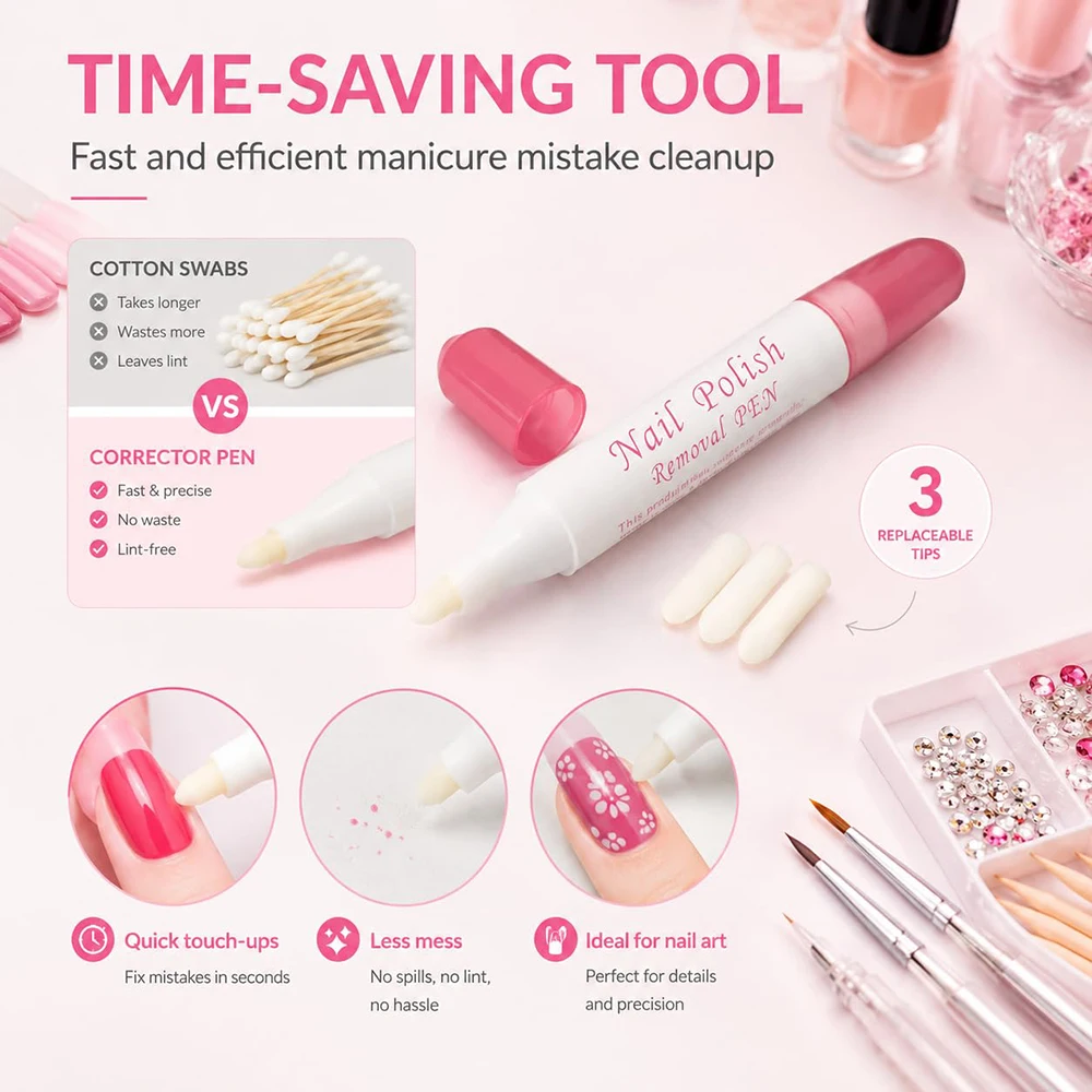 50Pcs Nail Polish Remover Pen With 3 Replaceable Tips Nail Polish Corrector Pen For Precision Cleaning Nail-Art Mistakes Cleanup