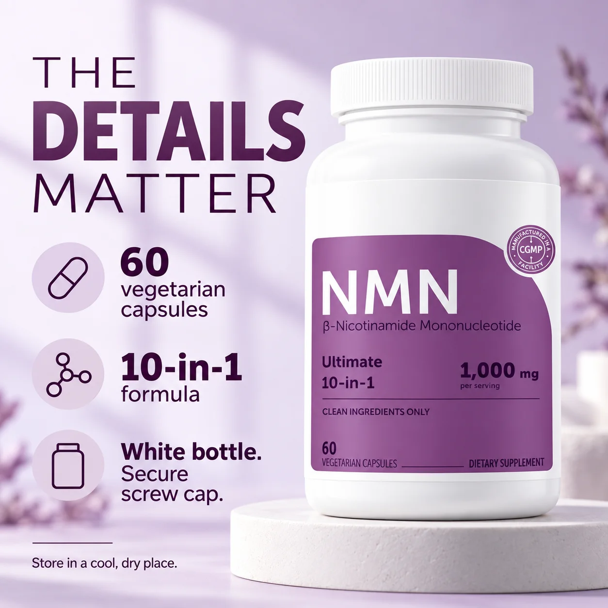 NMN 10-in-1 Blend for Daily Wellness and Nutritional Support with CoQ10 Resveratrol Vitamin C 60 Vegetarian Capsules