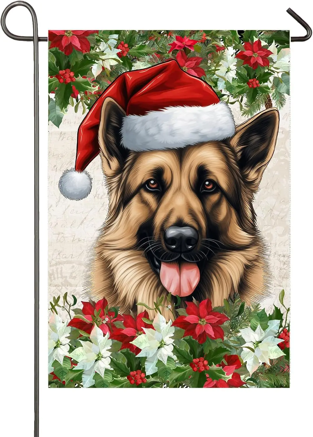 Christmas German Shepherd Dog Garden Flag for Outside 12x18 Inch Double Sided Poinsettia Santa Hat Dog Small Burlap Yard Flags O