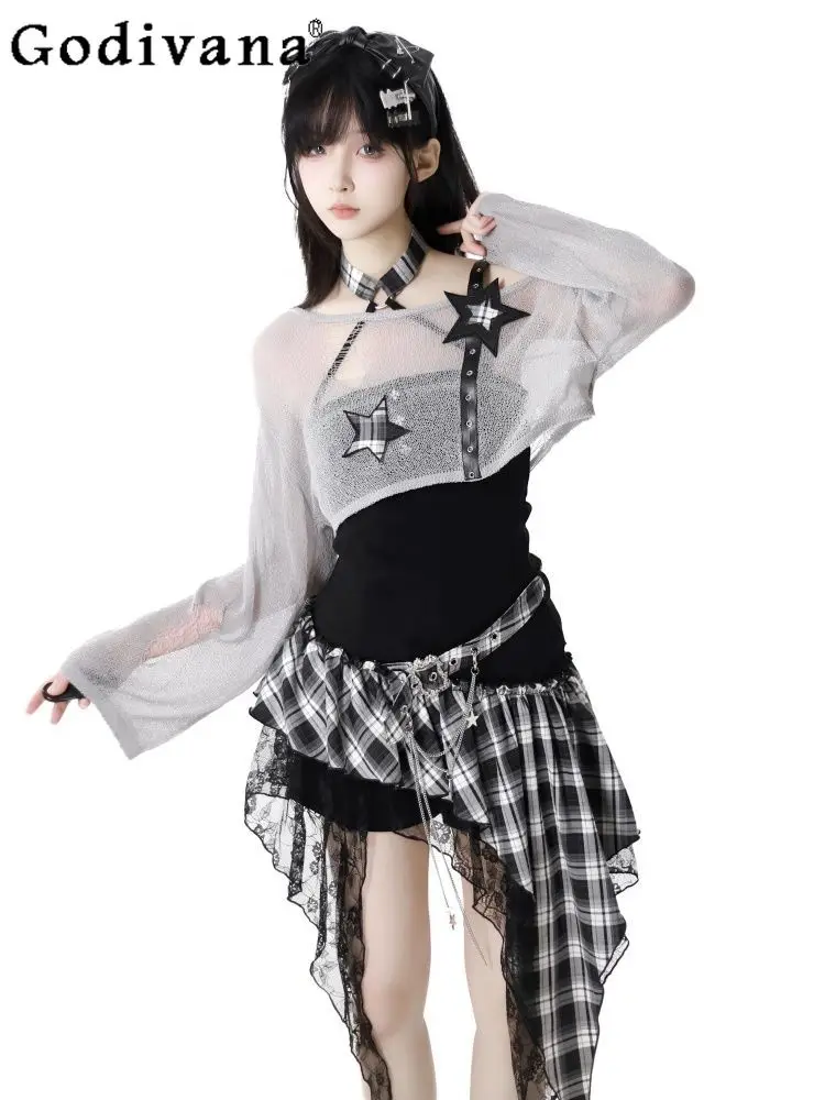 

Subculture Cool Girl Singing Uniform Irregular Gauze Plaid Halter Neck Dress Sexy Versatile Long Sleeve Sunscreen Blouse Set