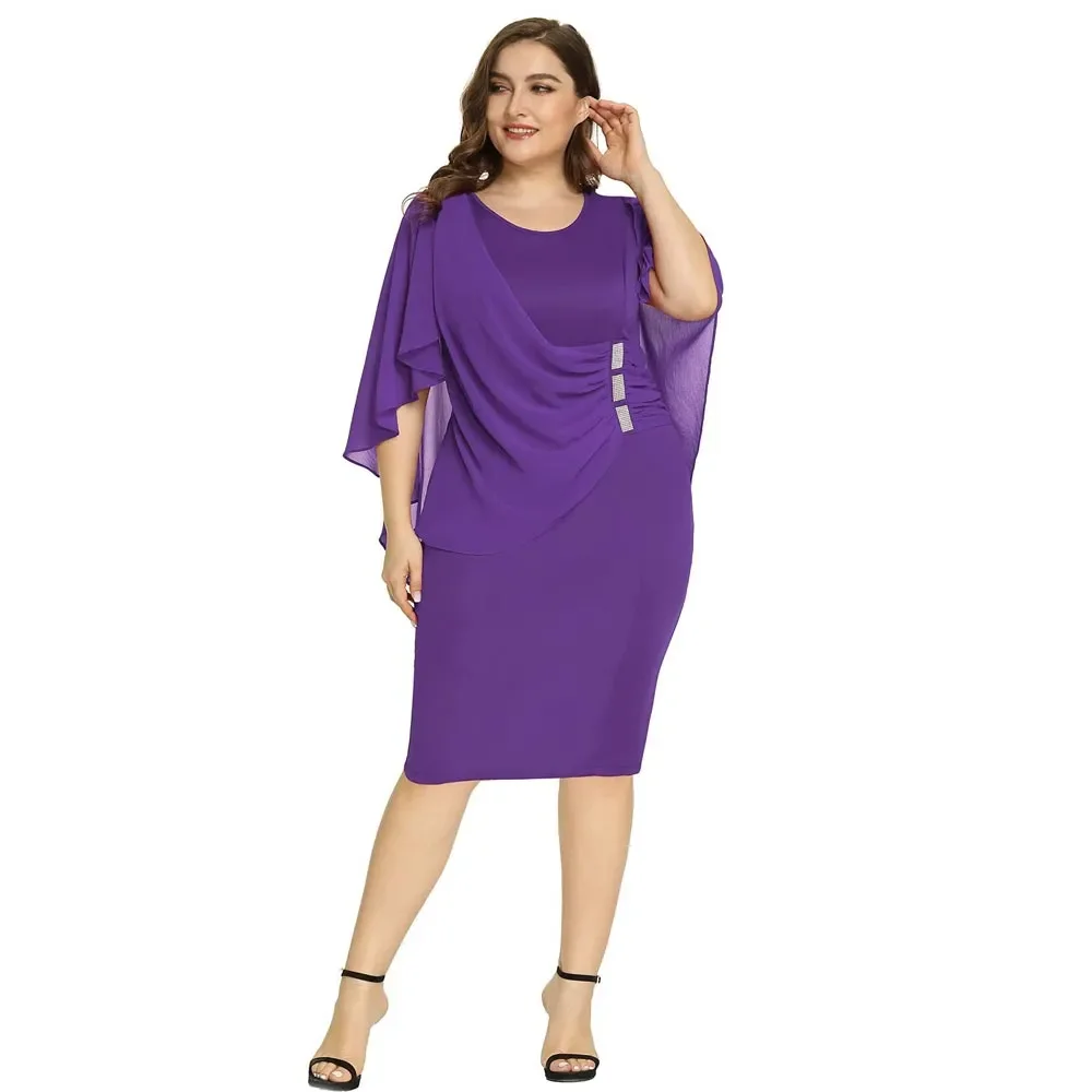 Purple Mother of the Bride Dresses With Chiffon Cape Jewel Neck Column Beaded Evening Gowns Knee Length Wedding Guest Dress