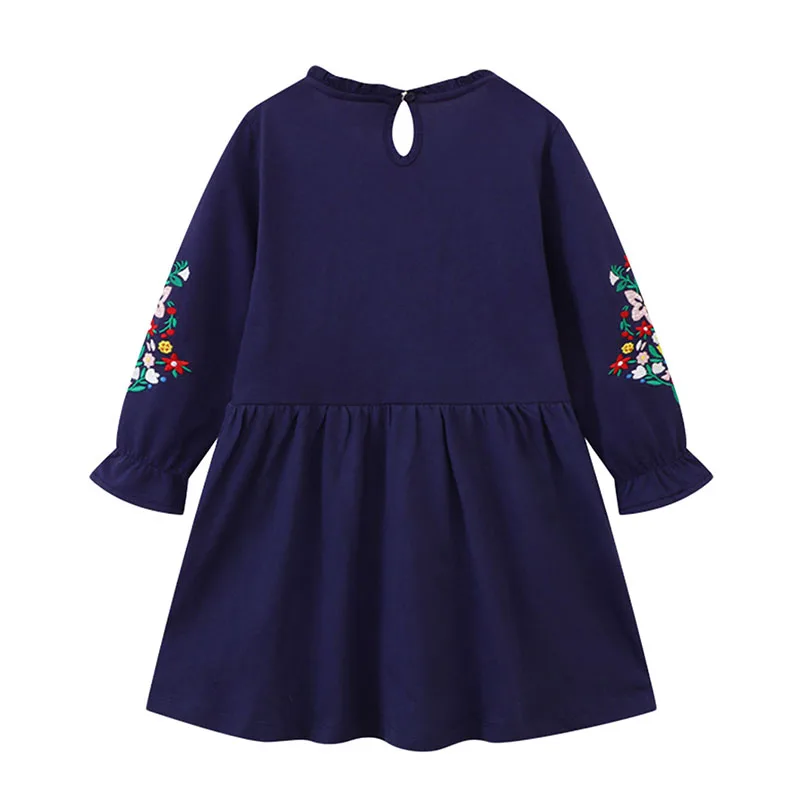 Little maven Baby Girls Long Sleeves Dress Flowers Appliques Cotton Children Casual Clothes Navy Blue Solid Spring Kids Dresses