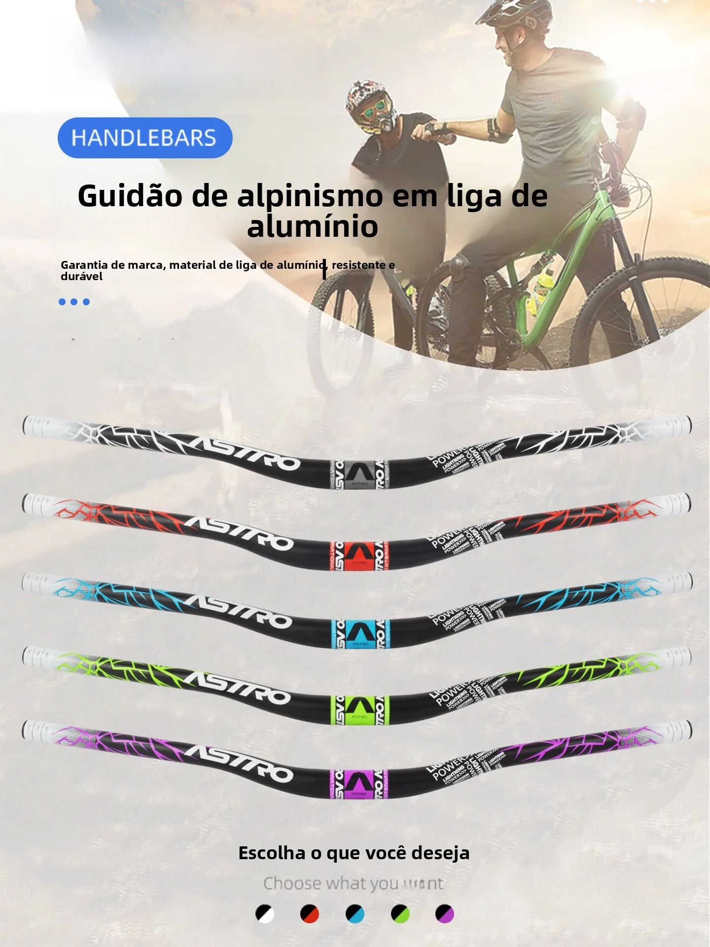 Guidão de Bicicleta Astro Mountain Bike com Extensão de 780mm para Off-Road, Material em Liga com Acabamento Anodizado