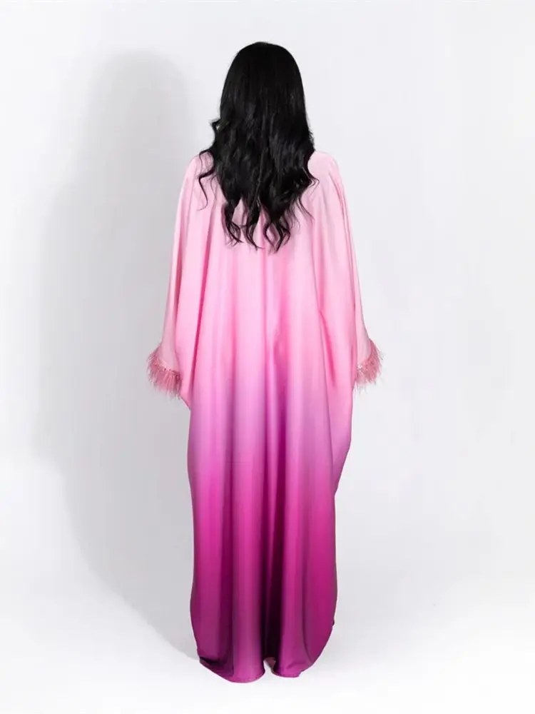 Eid Gradient Fashion Feather Satin Robe Femmes Musulmane Abaya Dubai Muslim Modest Dress Islam Clothing Abayas For Women Kaftan