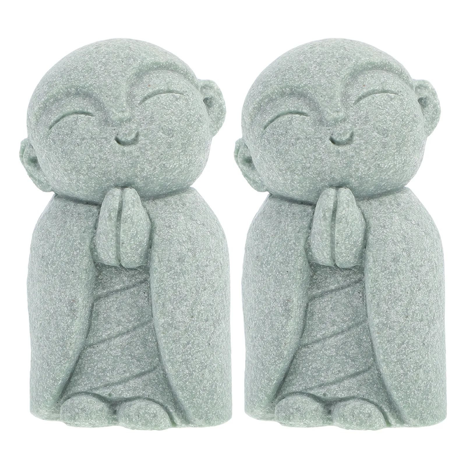 2Pcs Japanese Sandstone Buddha Jizo Monk Statues Feng Shui Smiling Buddha Meditation Sculpture Zen Garden Tabletop Ornament